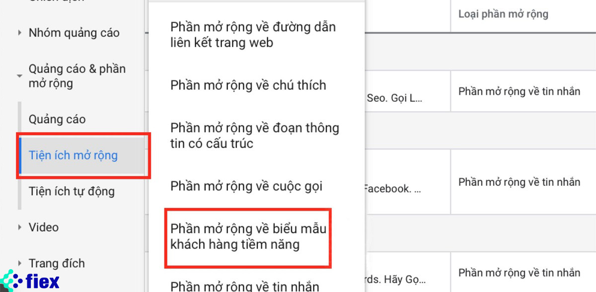 alt text: Hình ảnh minh họa giao diện tiện ích mở rộng quảng cáo trên Google Ads.