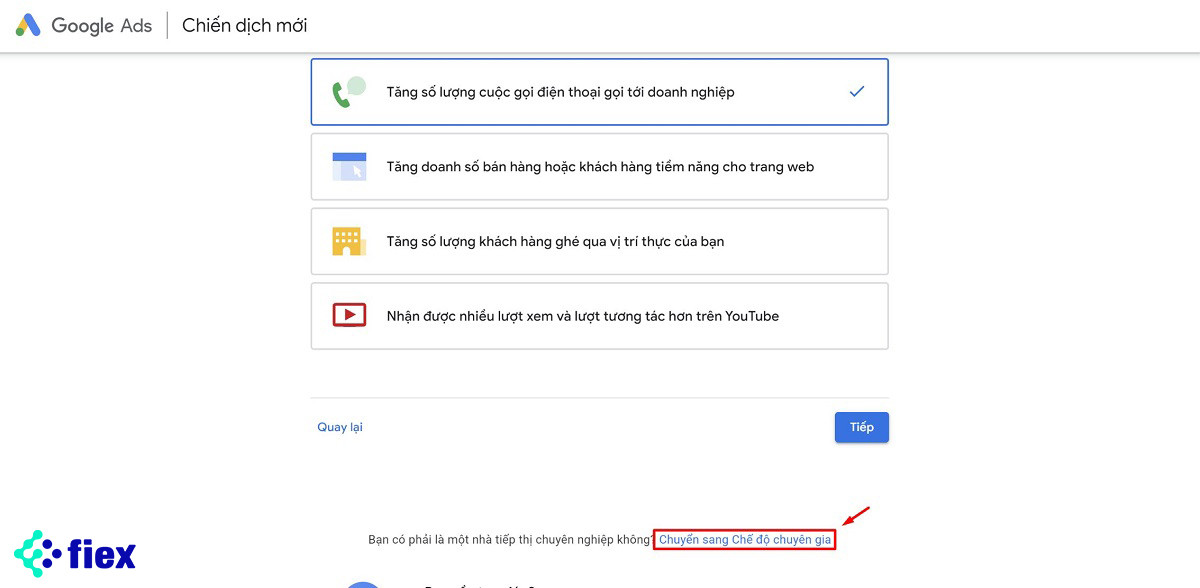 alt text: Hình ảnh minh họa lựa chọn "Chuyển sang Chế độ chuyên gia" trên Google Ads.