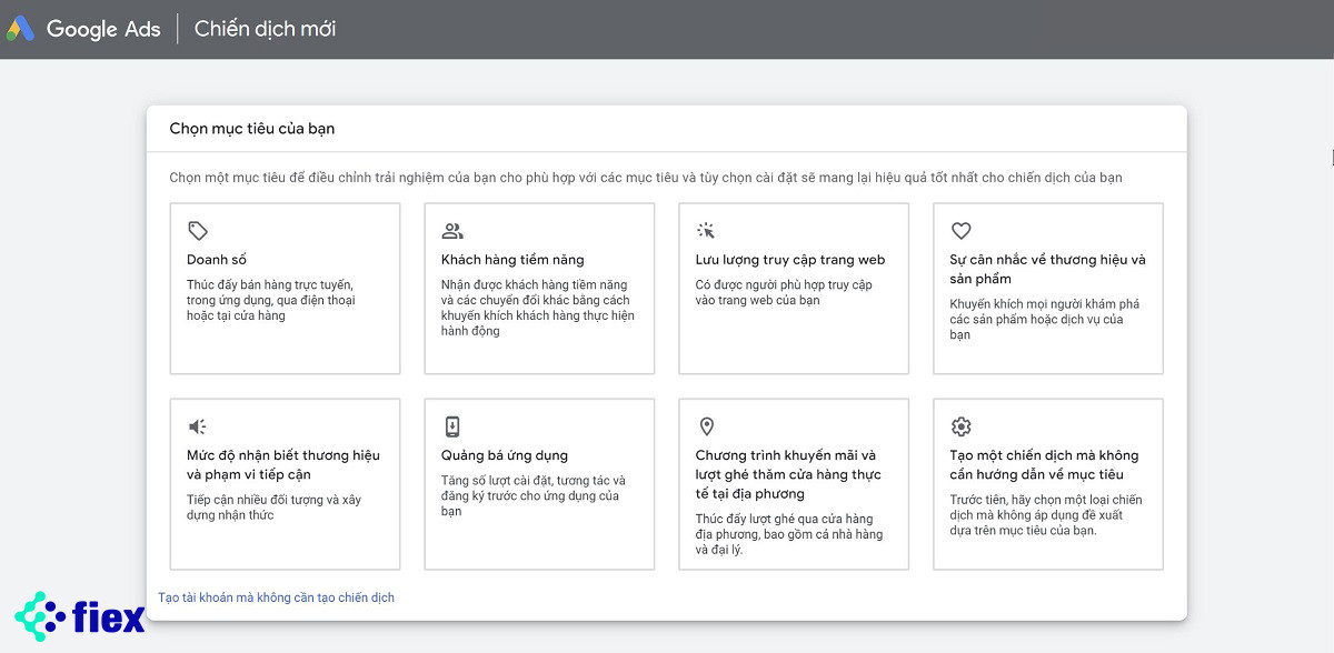 alt text: Hình ảnh minh họa lựa chọn mục tiêu chiến dịch trên Google Ads.