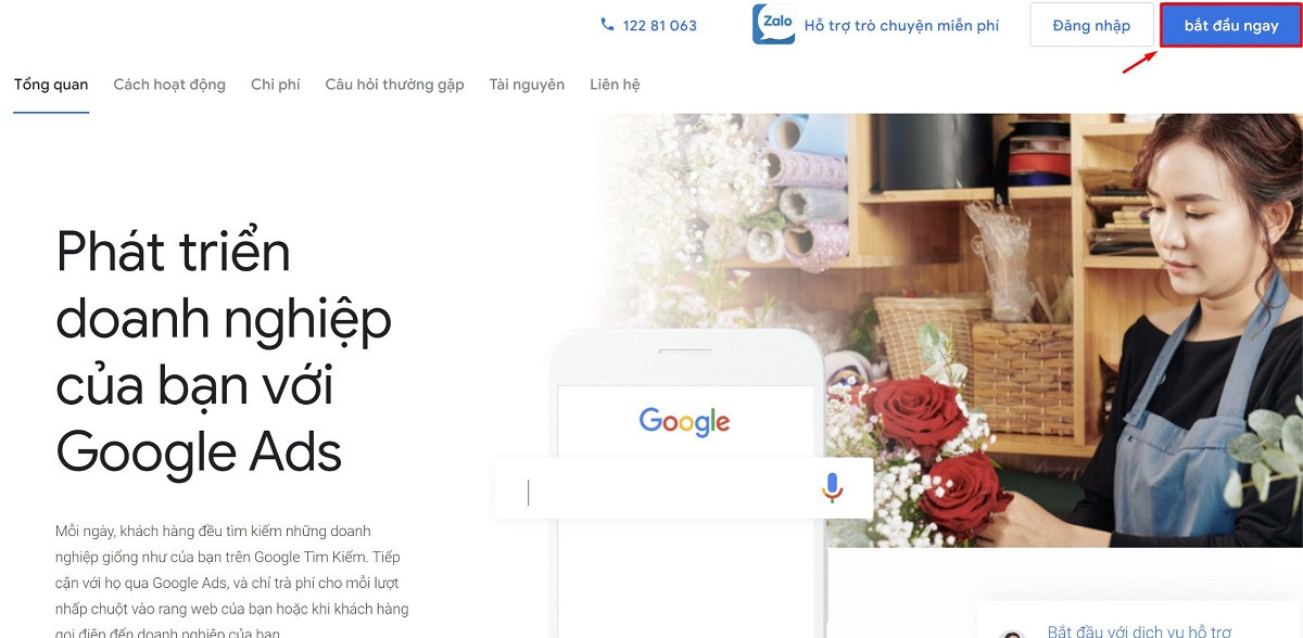 alt text: Hình ảnh minh họa nút "Bắt đầu ngay" trên trang chủ Google Ads.