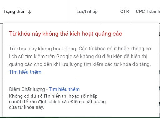 Báo hiệu từ khóa có lượng tìm kiếm thấp