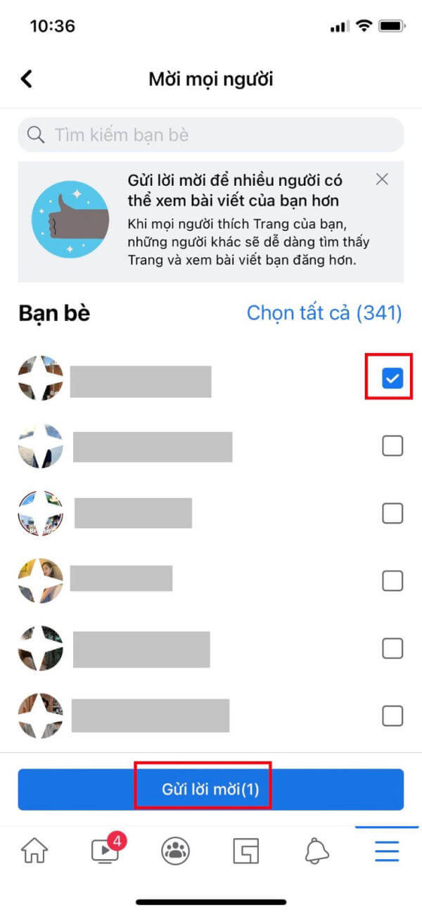 Chọn bạn bè và gửi lời mời